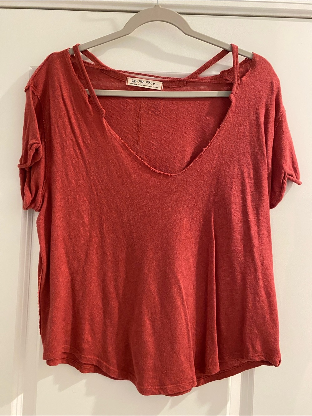 We The Free Coral-Red Distressed V-Neck Short Sleeve Tee